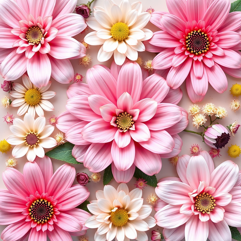 Regenerate a floral pattern design with pastel colors featuring large and small flowers, arranged in a symmetrical layout, using a DSLR camera with a 50mm lens, f/2.8 aperture, ISO 100, natural lighting, and a top-down view for clarity and detail.