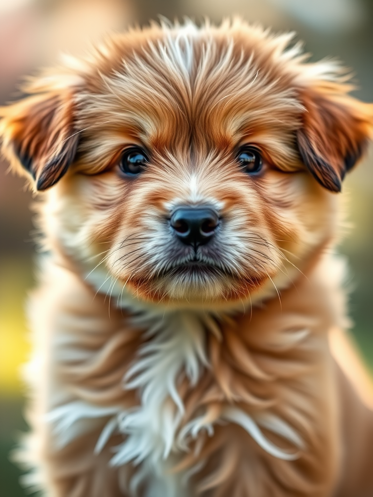 Create a close-up portrait of a fluffy puppy with a soft focus background, using a DSLR camera with a 50mm lens at f/1.8, ISO 100, and a shutter speed of 1/200 sec, ensuring natural lighting for enhanced warmth and detail.