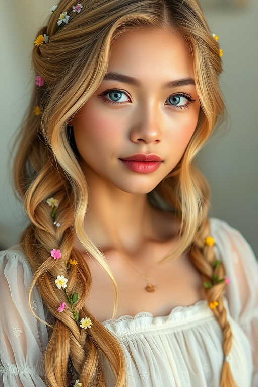 Create an image of a young Malay woman with long, wavy blonde hair, adorned with small, colorful flowers woven into her braids and loose strands. Her complexion is fair, with soft, glowing skin, and she has light blue eyes that gaze softly at the viewer. She wears a light, flowing dress with a gentle, ethereal quality, complementing her delicate and serene appearance. The background is slightly blurred, drawing focus to her tranquil expression and the intricate details of the flowers in her hair. The overall mood of the image is one of natural beauty and grace, evoking a sense of peacefulness and connection with nature.