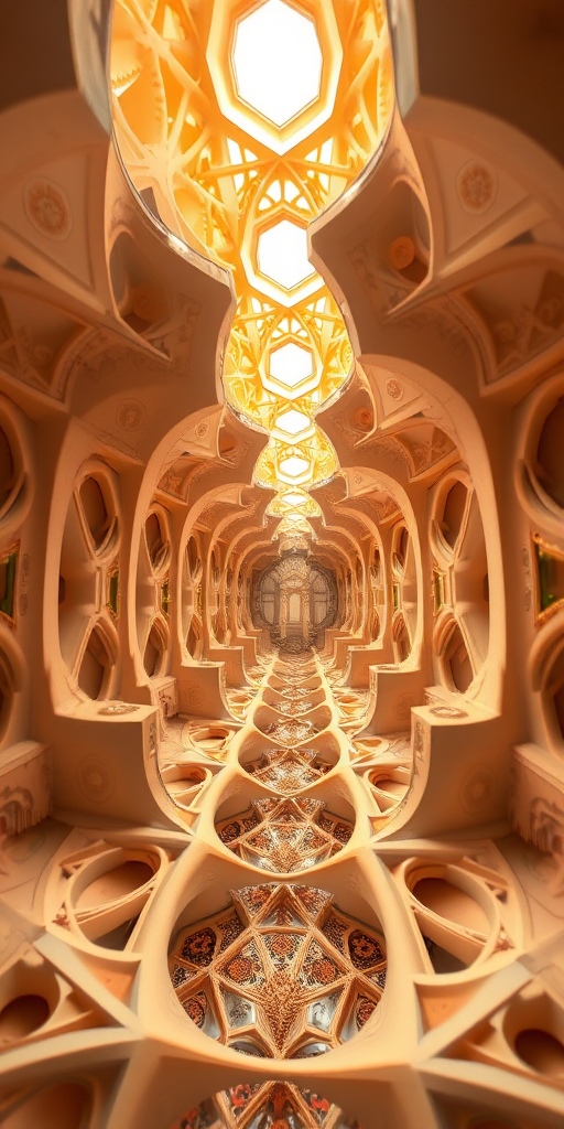 Generate a high-resolution 3D fractal architecture scene with intricate geometric patterns and a soft golden hue, taken with a Canon EOS R5, 24mm lens, aperture f/8, ISO 100, focusing on symmetry and depth, using HDR photography techniques.