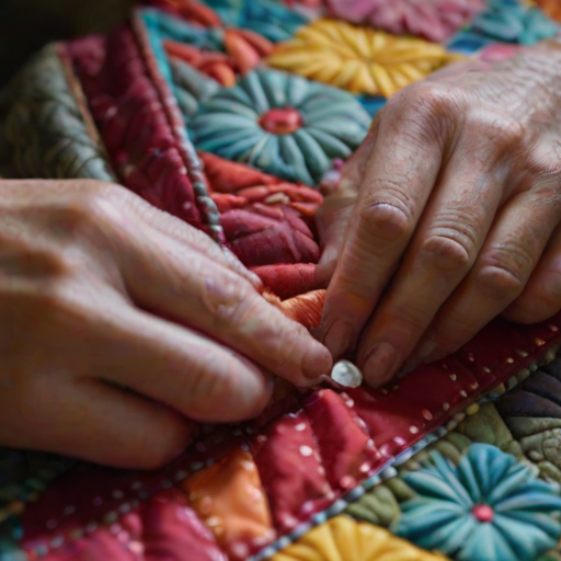 Close-up of a womanes hands stitching a quilt, colorful fabrics laid out around her, and soft light illuminating the intricate patterns she is creating.