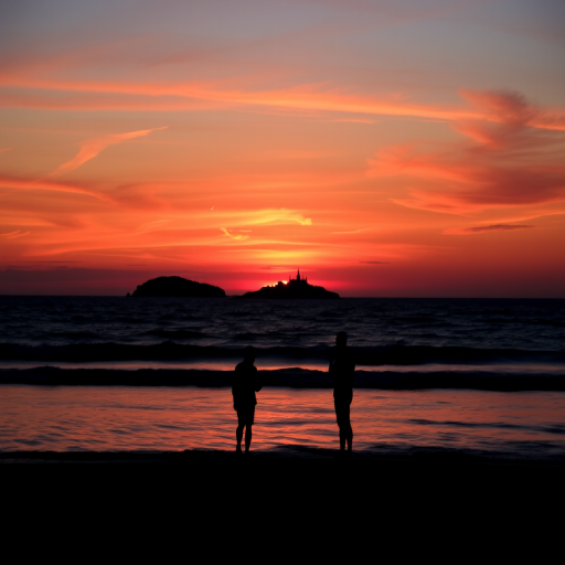 sunset beach scene with silhouetted people, vibrant orange and pink sky, calm ocean waves, island in background, taken with a DSLR camera, 24mm focal length, f/8 aperture, ISO 200, sunset mode, wide-angle view