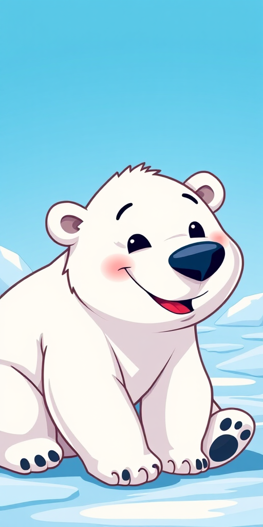 Generate a high-resolution image of a cartoon polar bear with a playful expression on a blue ice background, using a 50mm lens, f/4 aperture, 1/125 sec shutter speed, shot from a low angle for a dynamic effect, in vector graphic style for smooth lines and vibrant colors.