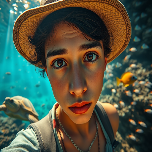 Realistic selfie image of a Hispanic, wearing a vintage outfit, detailed dreamy eyes, droopy hooded eyes, staring at the camera, taken underwater at coral reef with a sunbeam filtering through the water, vibrant, summer vacation, natural lighting, turtle and school of tropical fish with vibrant colors, rendered in the style of CryEngine, Pegi Nicol MacLeod, with realistic genre scenes, hauntingly beautiful narratives, ultra-realism, and Thomas Saliot's close-up technique, 8K resolution, crystal clear and sparkling water.
