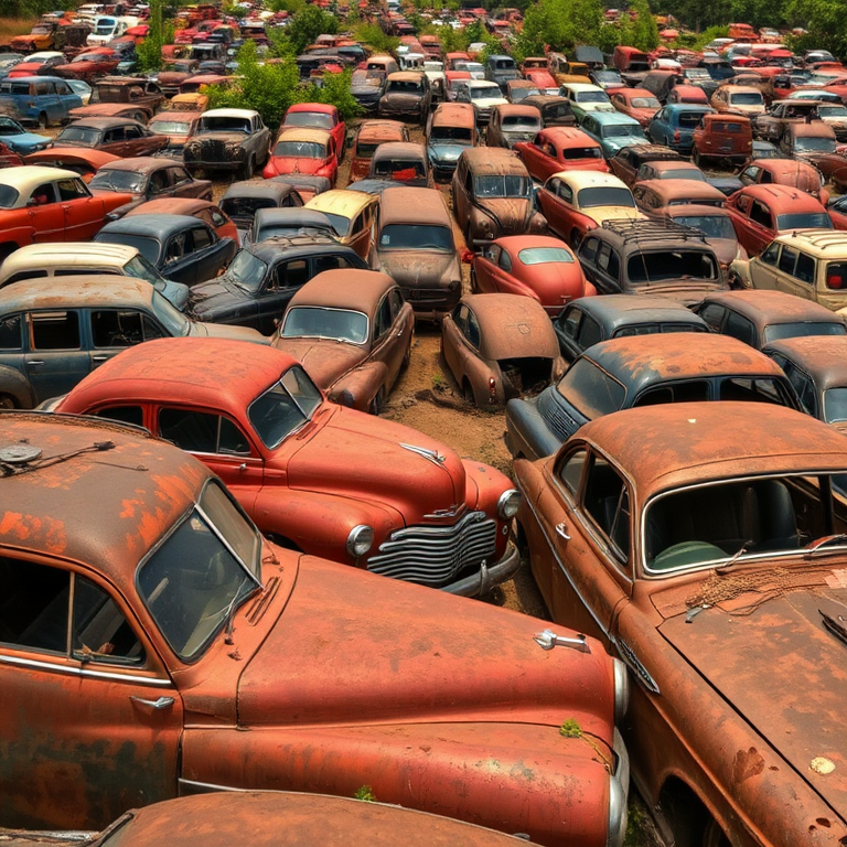 photograph of a dense junkyard filled with rusty and abandoned cars, wide-angle view, 50mm lens, aperture f/8, ISO 100, natural daylight, high dynamic range imaging
