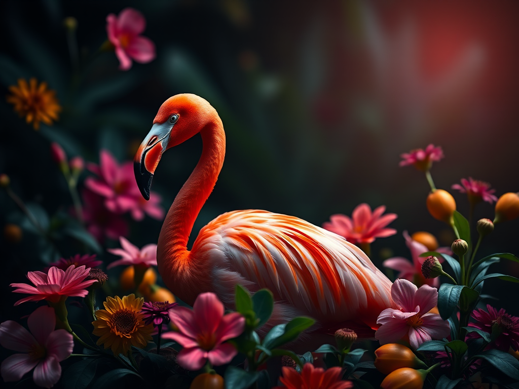 flamingo surrounded by vibrant flowers and fruits in a dark setting, soft focus background, shot with a Canon EOS R5, 85mm f/1.2 lens, ISO 100, aperture f/2.8, 1/125s shutter speed, backlighting to enhance texture and depth