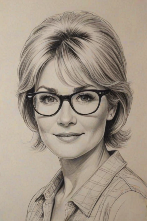 Lovely Dee Wallace, pencil sketch, portrait of Delightful woman 1969s in glasses, hair style beatnik, outline, clear lines, fine lines, 8k