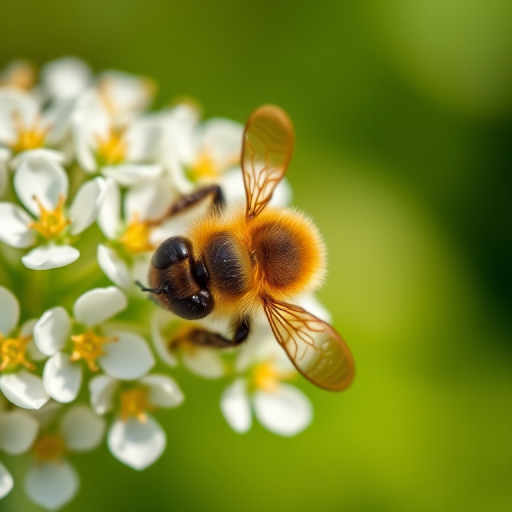 close-up of a honeybee on white flowers with a blurred green background, f/2.8 aperture, ISO 200, 1/1000 sec shutter speed, macro lens, DSLR camera, natural light