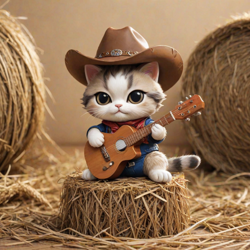 A chibi cat, dressed as a cowboy, playing guitar, sitting on a hay bale