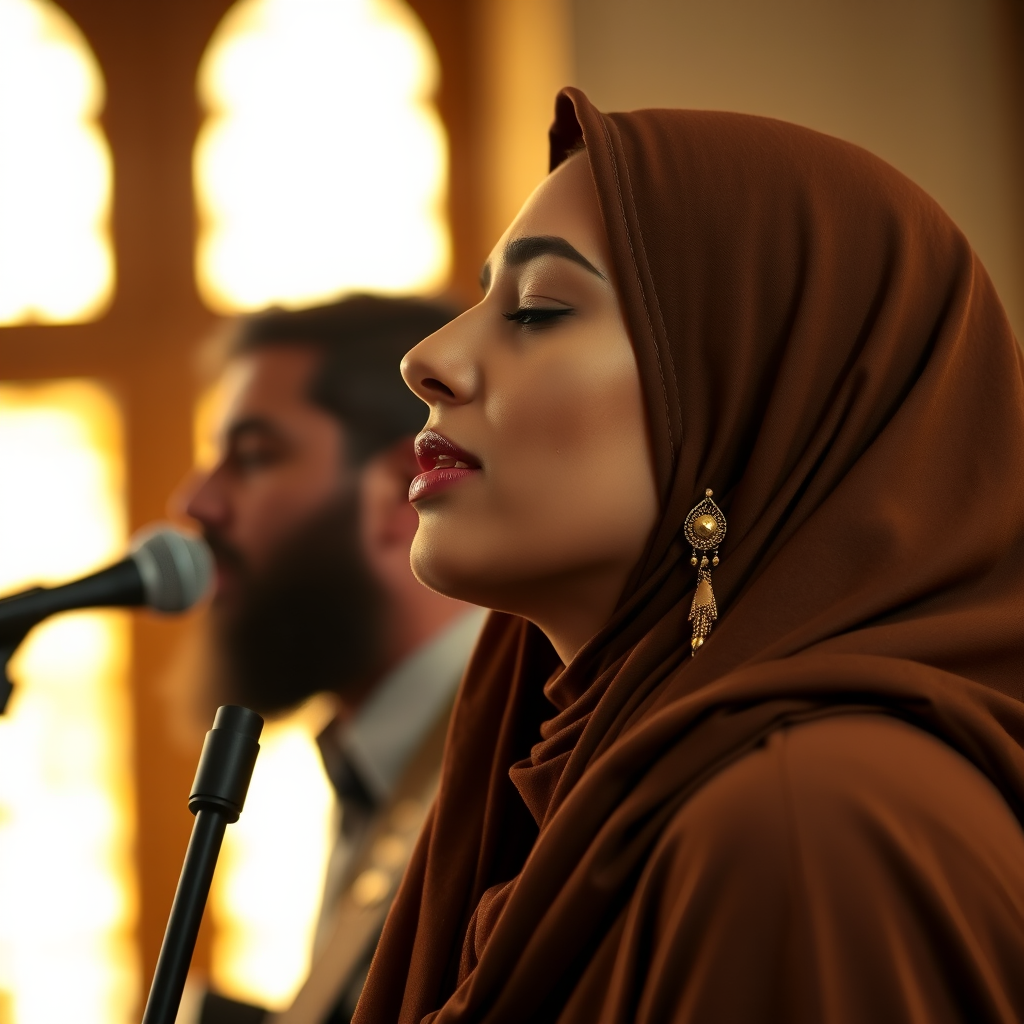 A close-up portrait of a mia khalifa with her eyes closed, singing into a microphone, positioned on the right side of the frame, facing the viewer. She is wearing a brown headscarf, gold earrings, and a brown blouse, and is bathed in warm, golden light emanating from the windows behind her. A blurred figure of a man singing into a microphone is visible in the background. The scene has a sense of calm and spirituality.