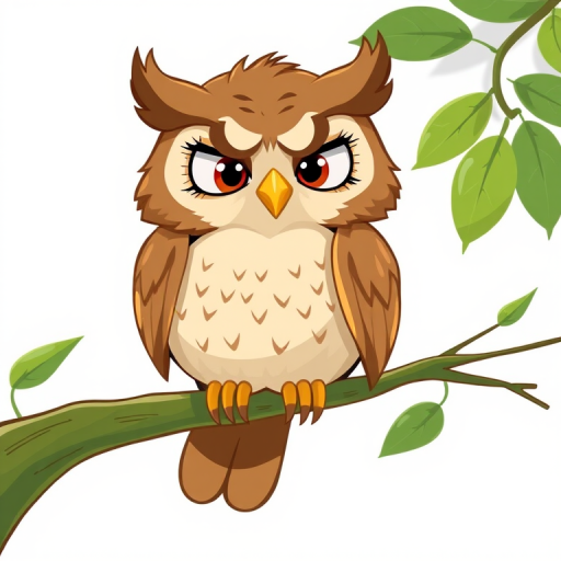 create a cartoon-style illustration of an owl sitting on a green branch with a frustrated expression, use a high-resolution setting at 300 DPI, capture with a 50mm lens, aperture f/2.8, and a slight vignette effect to enhance color saturation and sharpness.