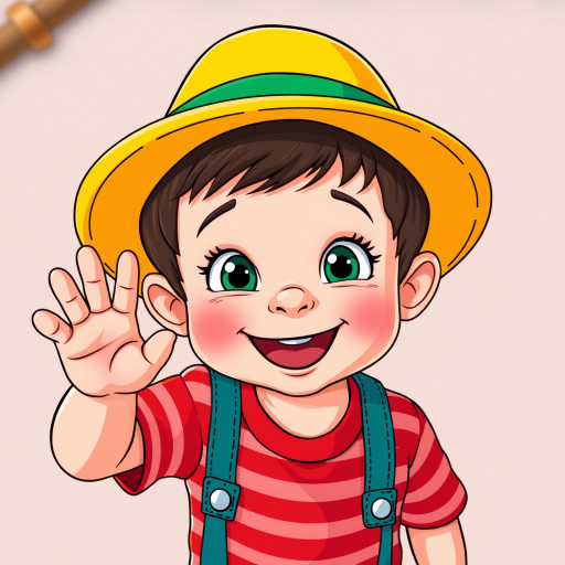 create a cartoon-style image of a cheerful child wearing a yellow and green hat, red striped shirt, smiling and waving, use a vibrant color palette, high resolution, camera settings: f/4, ISO 100, 1/200s, view from eye level, shot with a DSLR camera, natural light for enhanced clarity and detail