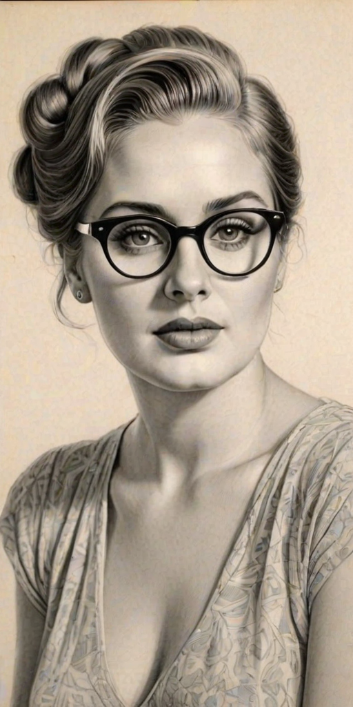 Elegant Adele Laurie Blue Adkins, pencil sketch, portrait of Enticing woman 1935s in glasses, hair style beatnik, outline, clear lines, fine lines, 8k
