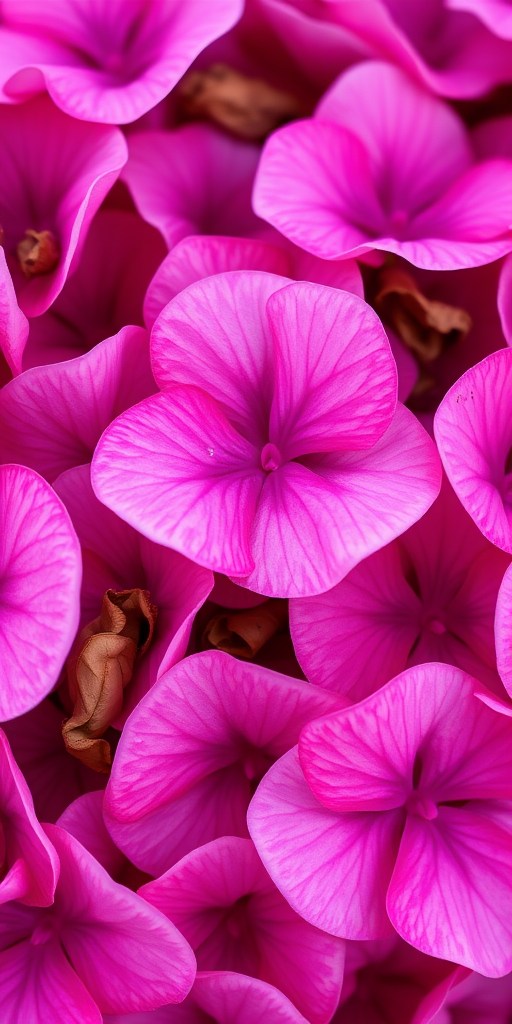 Close-up of vibrant hydrangea petals in various shades of pink and red with dried brown petals interspersed, captured with a DSLR camera, 70mm focal length, f/2.8 aperture, ISO 100, natural light, shallow depth of field, macro photography style.
