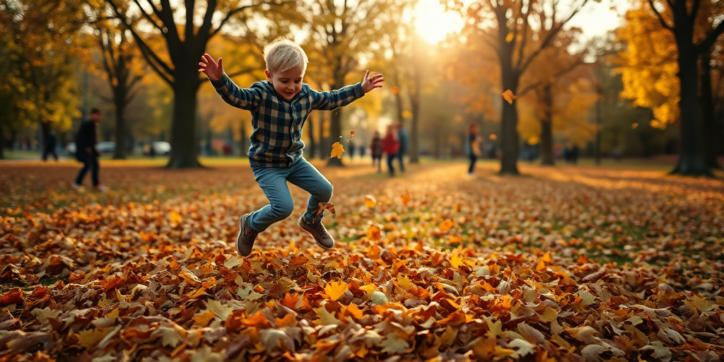 Blurry action shot of a young boy jumping into a pile of autumn leaves in a park, soft golden light filtering through the trees, with leaves scattering into the air and distant families playing in the background.