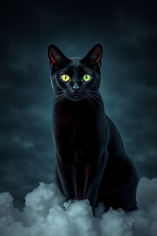 Create a highly detailed image of a black cat with glowing green eyes sitting on a cloud against a dark stormy background, shot with a Canon EOS R5, 85mm lens, f/1.4 aperture, ISO 100, in soft focus with dramatic lighting for a mystical effect.