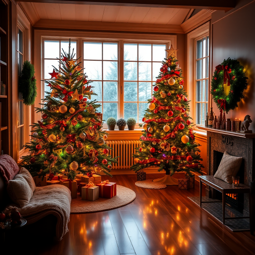 Cozy interior of a warmly lit room with wooden flooring decorated for Christmas featuring a beautifully adorned Christmas tree with colorful lights and presents underneath it large windows letting in soft natural light a comfortable seating area with plush cushions and a festive wreath hanging on the wall