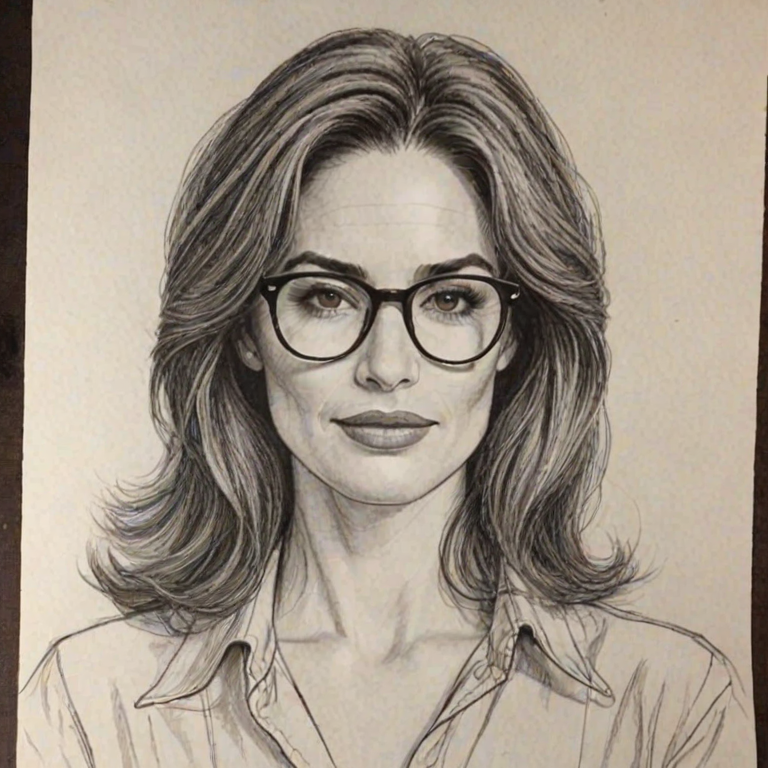 Superb Kim Delaney, pencil sketch, portrait of Bewitching woman 1980s in glasses, hair style beatnik, outline, clear lines, fine lines, 8k