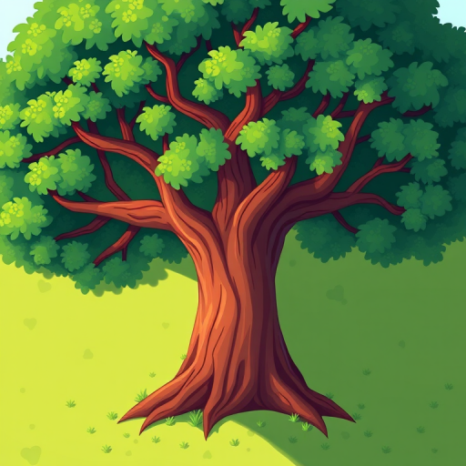 Generate an image of a cartoon tree with a thick brown trunk and lush green foliage, shot with a Canon EOS 5D Mark IV at f/8, ISO 100, 1/200s, in a vibrant and colorful illustration style, top-down view.