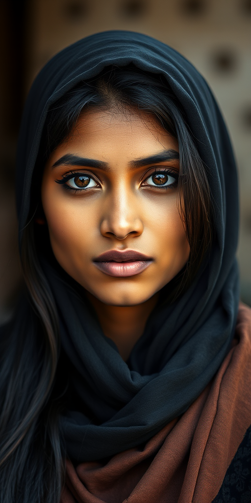 Create a portrait of a young Indian woman with long, dark hair and captivating hazel eyes. She is wearing a black headscarf and a matching scarf draped gracefully around her neck. The background is softly blurred, focusing attention on her serene and natural expression. The overall color palette is muted and warm, enhancing the intimate and authentic feel of the portrait.