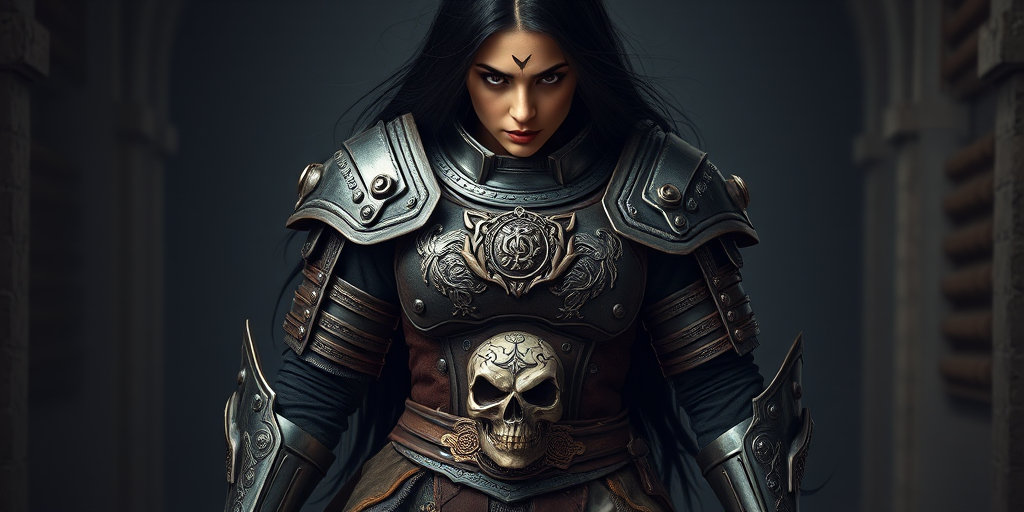 Create a photo of a fierce Caucasian female warrior with long black hair, wearing an ornate, metallic armor. The armor includes a breastplate with intricate designs, shoulder guards, and gauntlets. The breastplate is decorated with a central emblem, possibly representing a mythical symbol, and has a sculpted, form-fitting design. She wears a belt with a large skull ornament at the center, and her armor extends into a partial skirt, revealing one leg. The overall look is both protective and stylish, with a dark, gothic aesthetic. The background is dimly lit, suggesting a medieval or fantasy setting, enhancing the warrior's imposing presence and intense expression.