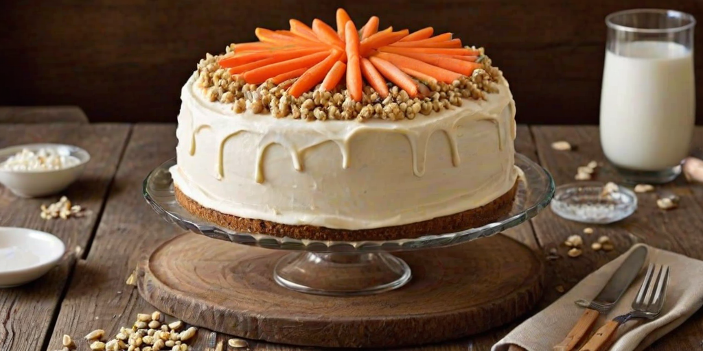 Create an image of a round carrot cake with cream cheese frosting. The cake should be decorated with small, colorful carrot designs made of fondant or icing, and sprinkled with crushed nuts on top. Place the cake on a rustic wooden board, surrounded by fresh carrots and a glass of milk in the background. The setting should have a warm, inviting atmosphere.