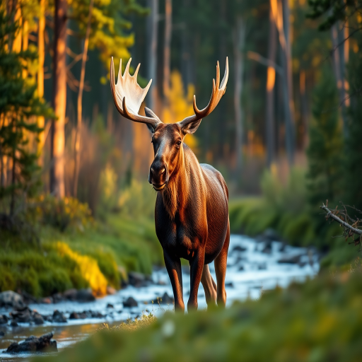 Moose standing in a serene forest landscape with a creek, golden hour lighting, captured with a DSLR camera at f/4, 1/250s, ISO 100, focus on the moose with a shallow depth of field and a slightly elevated angle.