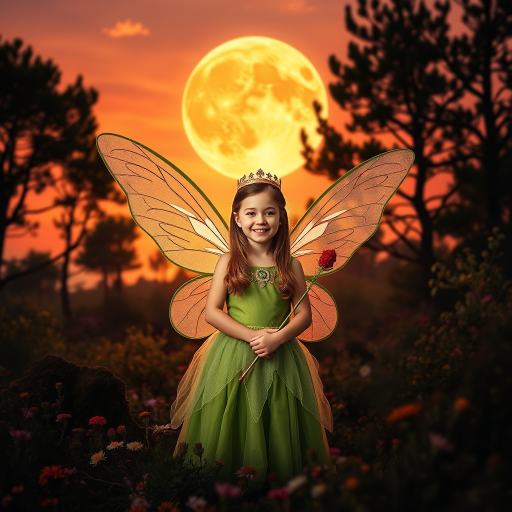 A vivid photo  taken under a bright camera flash of a fantastical scene set against a backdrop of a forest during sunset. The main subject is a girl dressed as a fairy, adorned with translucent wings and a green dress, holding a wand, her face is happy, and she wears a crown on her head. The forest behind her is a blend of flowers, shrubs and trees. The sky is painted in hues of orange and pink, with a large, glowing moon casting a warm glow over the scene. The overall color palette is dominated by earthy tones.