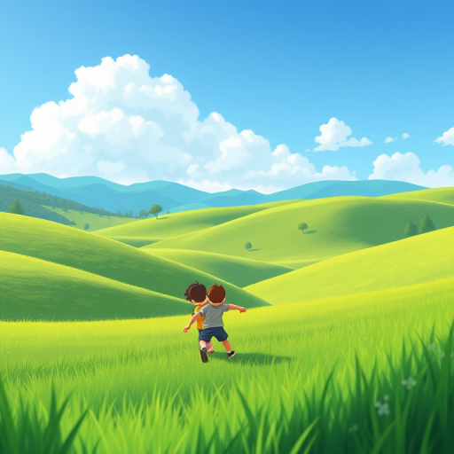 create a vibrant illustration of two children playing in a lush green landscape with rolling hills and a clear blue sky, use a wide-angle view, set at f/8 for depth of field, with a vivid color palette and soft shading, computer-generated graphics style