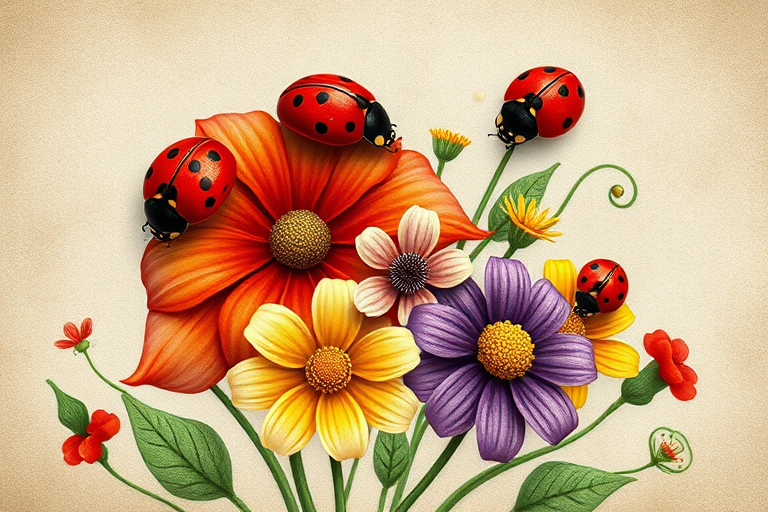 Generate a high-resolution digital illustration of a whimsical floral design featuring red and black ladybugs on colorful flowers with a textured background, using a digital camera with a 50mm lens, aperture f/2.8, ISO 100, natural light, and a soft focus style.