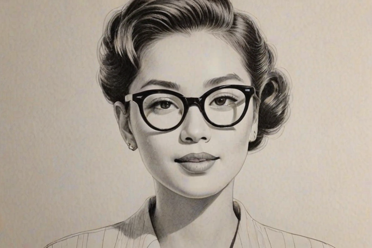 Charming Ellen Wong, pencil sketch, portrait of Dazzling woman 1956s in glasses, hair style beatnik, outline, clear lines, fine lines, 8k