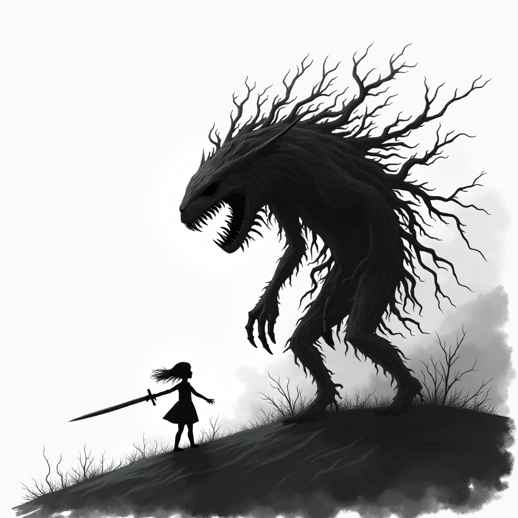 Fight your fears illustration of black and white minimalist of a little girl standing on a hill, raising a sword in hand, she is facing a large menacing creature with large head, sharp teeth and sharp claws, its body is made of vines and roots. The background is a cloudy sky with a hint of smoke or fog. The overall mood of the image is dark and eerie.