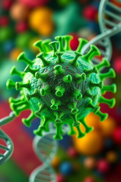 Generate a high-resolution 3D illustration of a green virus with spikes, surrounded by DNA strands in a colorful background, using a DSLR camera with f/8 aperture, ISO 100, 50mm lens, shot from a macro perspective, and enhanced with HDR imaging for clarity and vibrancy.