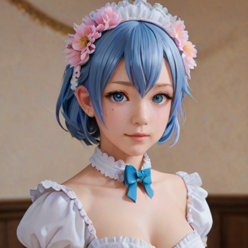 i want the whole image to be created in 3D anime style, 1girl, solo, breasts, looking at viewer, blush, short hair, bangs, blue eyes, hair ornament, dress, ribbon, medium breasts, blue hair, hair ribbon, upper body, flower, short sleeves, hairband, frills, parted lips, hair flower, hair over one eye, from side, lips, maid, maid headdress, petals, x hair ornament, pink ribbon, realistic, nose, rem (re:zero)