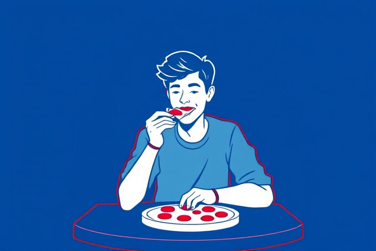 Create a digital illustration of a person sitting at a table enjoying a slice of pizza, using a clean minimalist style with blue and red outlines, shot with a Canon EOS 5D Mark IV at f/8, ISO 100, 50mm lens, front view, high resolution.