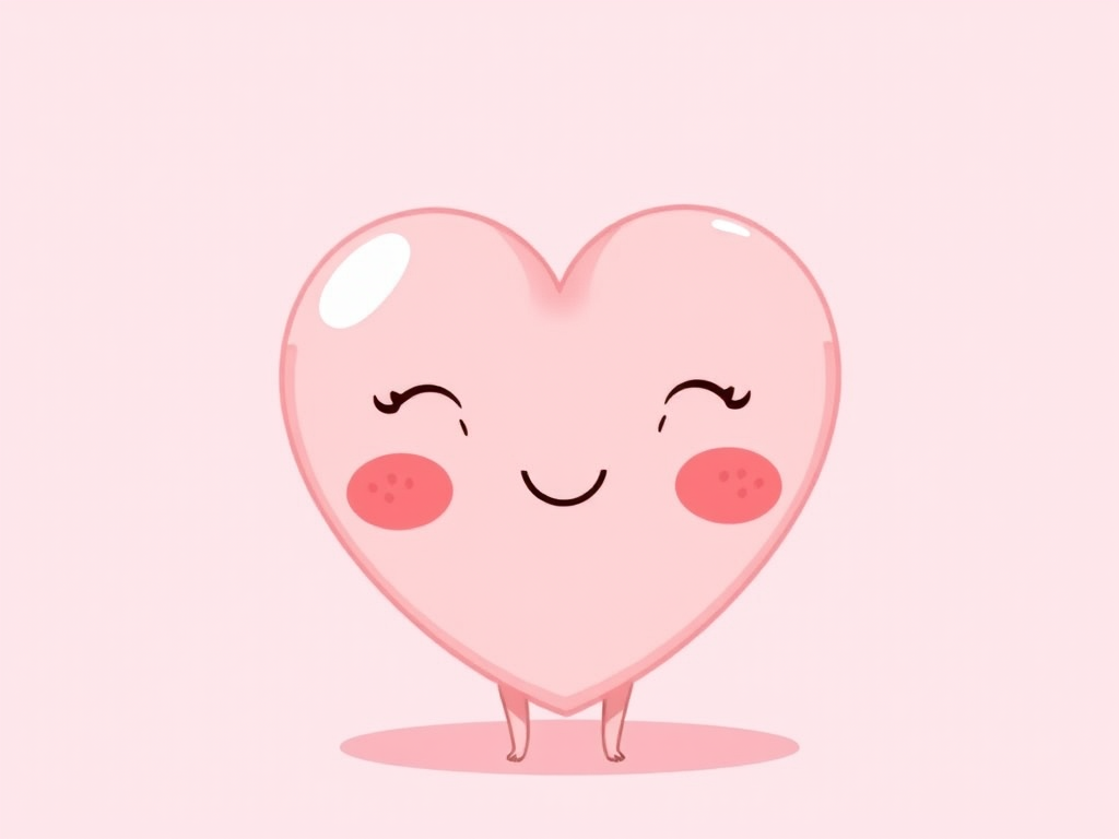 Create a digital illustration of a cute, pastel-colored heart character with a gentle smile, centered on a soft pink background, using a high-resolution digital camera with a 50mm lens, f/2.8 aperture, ISO 100, and 1/125 sec shutter speed for enhanced clarity and color vibrancy.