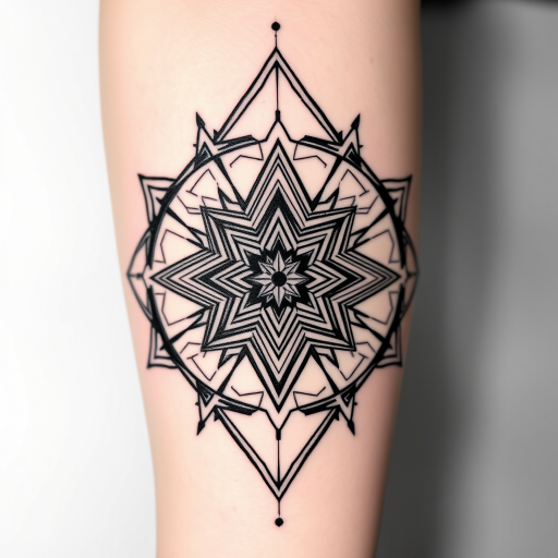Geometric blackwork tattoo titled "Sacred Symmetry" incorporating precise shapes and lines to create three-dimensional optical illusions and mesmerizing patterns across the skin
