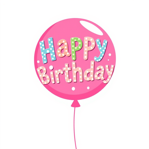 Create a colorful illustration of a pink balloon with the words Happy Birthday in playful, bold lettering that includes white polka dots and a whimsical design. The background should be simple and light to emphasize the balloon.
