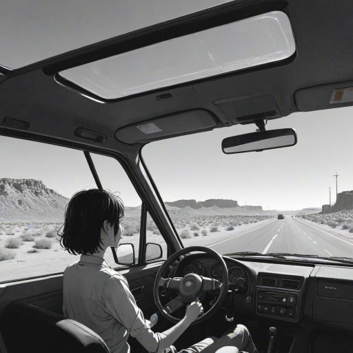score_9, score_8_up, score_7_up,<lora:H001PXL:1>,<lora:add-detail-xl:.3>,  manga, monochrome, comic, side shot, flat angle,
highway, desert, driver, interior,
 zPDXL