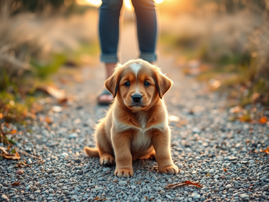 a playful puppy sitting on a gravel path with a person standing above it, wearing denim jeans and clogs, shallow depth of field, soft natural lighting, 50mm lens, f/1.8 aperture, ISO 200, 1/200s shutter speed, outdoor setting at golden hour
