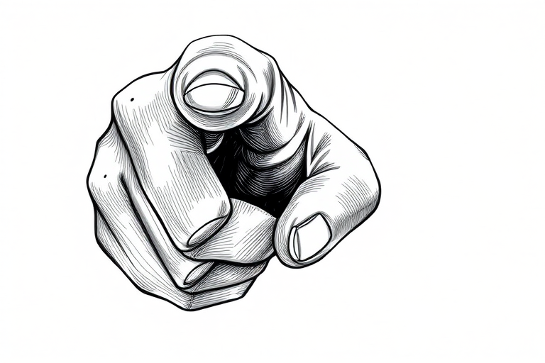 Create a highly detailed illustration of a hand pointing with intricate line work and shading, using a Canon EOS R5 camera with a 50mm f/1.8 lens, aperture f/2.8, ISO 100, and a soft focus background for depth.