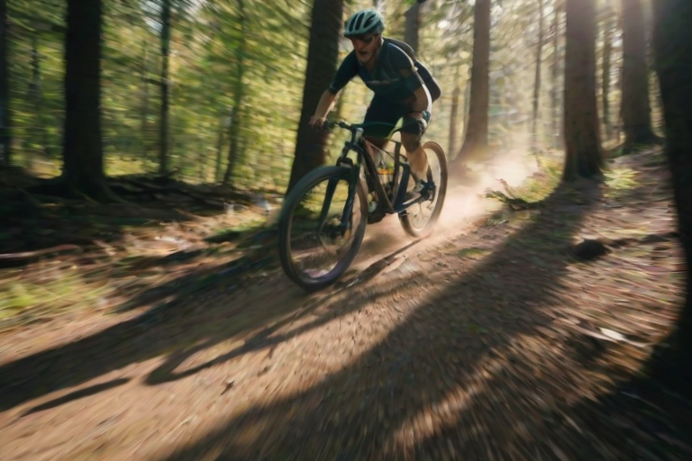 Blurry action shot of a cyclist speeding down a mountain trail, dirt flying up from the tires, intense focus on their face, sunlight filtering through the trees, shadows stretching across the trail, distant mountains visible in the background.