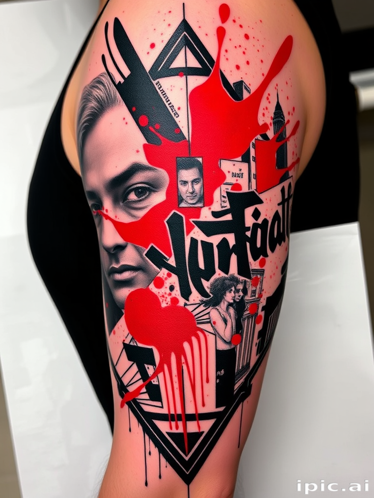 Bold trash polka tattoo called "Urban Chaos" combining realistic elements with abstract shapes and splashes of vibrant red. Black ink dominates the design, creating stark contrasts and powerful imagery. Typographic elements and geometric shapes add a modern, graphic quality to the piece, resulting in a visually striking and edgy tattoo.