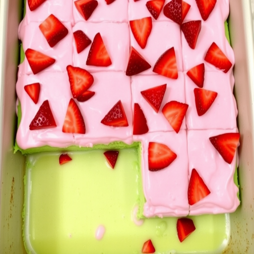A rectangular dessert with a layer of green cake and pink frosting topped with chopped red strawberries arranged in squares, with one piece partially removed revealing a green interior and a light green sauce underneath, presented in a baking dish.