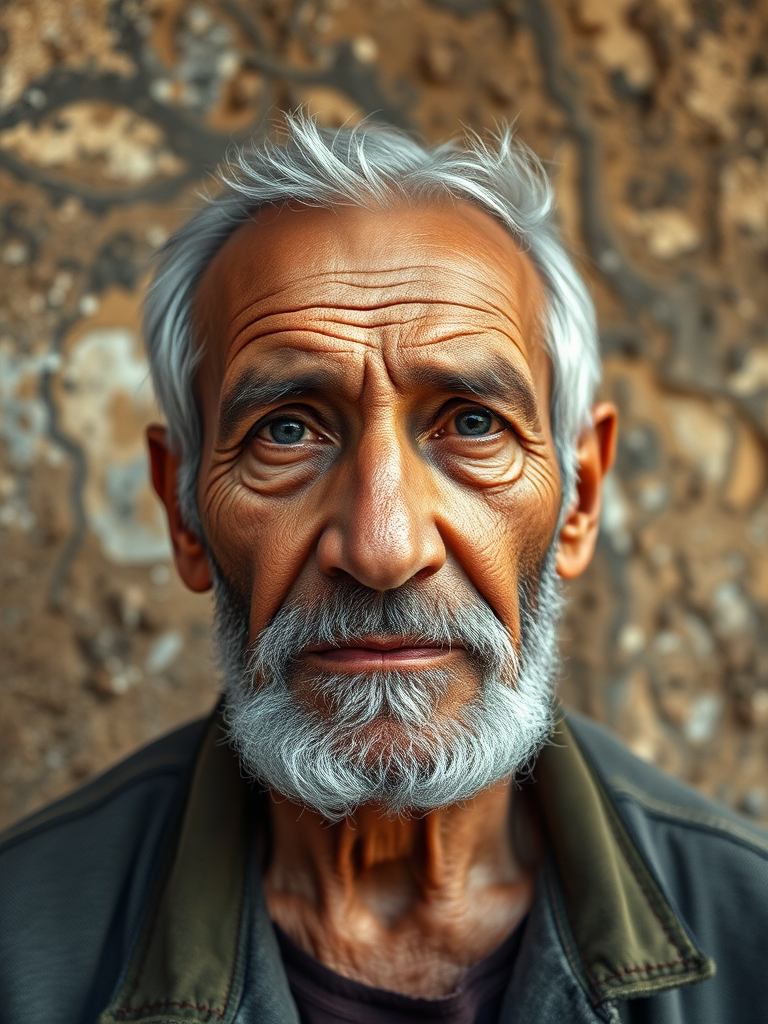 portrait of an elderly man with a textured, abstract background, high-resolution, f/8, ISO 100, 50mm lens, natural lighting, shot from eye level, using a DSLR camera, emphasize detail and texture.