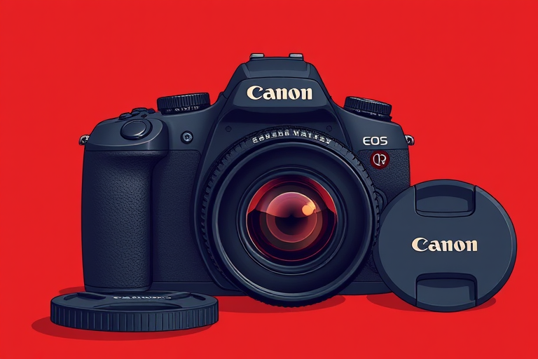 Create a high-resolution illustration of a Canon camera with a lens cap beside it, using a Canon EOS DSLR camera, 50mm lens, f/1.8 aperture, ISO 100, 1/200s shutter speed, with a shallow depth of field to enhance details and color saturation on a solid red background.