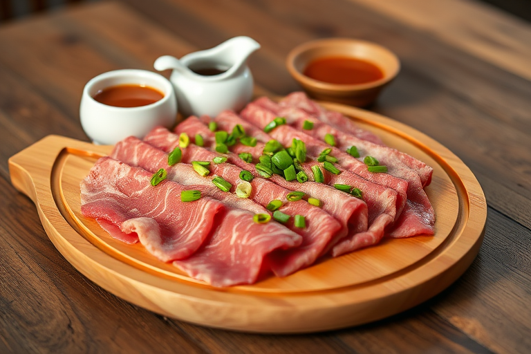 create an image of beautifully arranged thinly sliced meat on a wooden platter with green onions sprinkled on top, accompanied by a small white sauce pitcher and a brown dipping sauce, set on a rustic wooden table, using a DSLR camera with a 50mm lens, aperture f/2.8, ISO 100, natural light from the side, and a shallow depth of field to enhance image quality