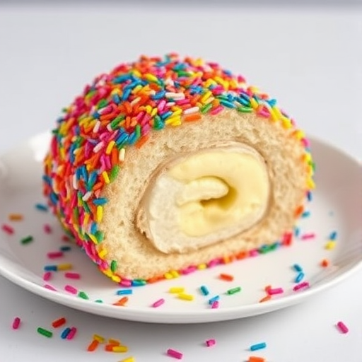 Colorful dessert roll covered in rainbow sprinkles with a creamy filling visible in the center placed on a white plate with more sprinkles scattered around and a light background.