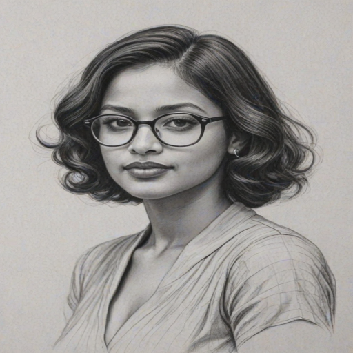 Gorgeous Tiya Sircar, pencil sketch, portrait of Graceful woman 1933s in glasses, hair style beatnik, outline, clear lines, fine lines, 8k