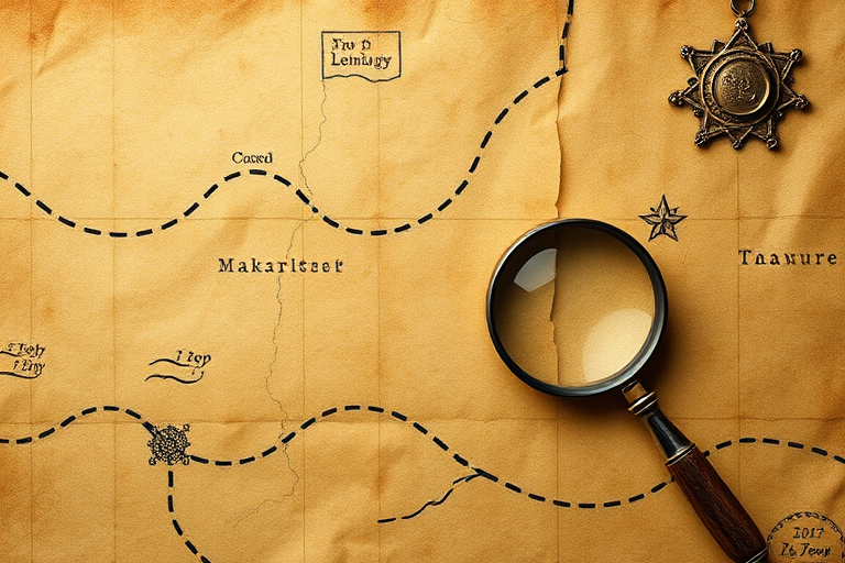 Create a detailed treasure map illustration on aged parchment, featuring an obvious path marked by dotted lines, using a magnifying glass accent, shot with a Canon EOS 5D Mark IV at f/8, ISO 100, 50mm lens, in a soft diffused light setup for enhanced texture and depth.